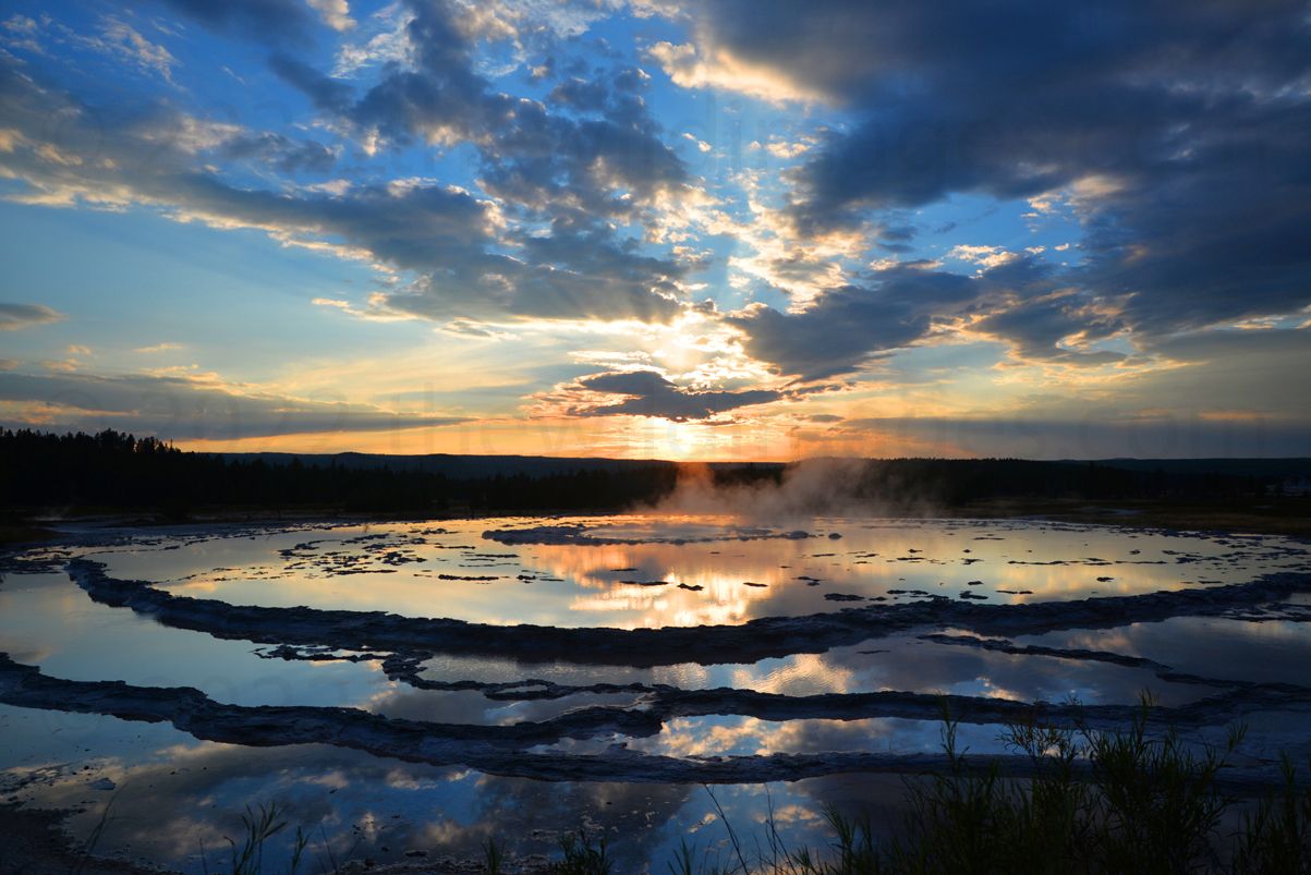 1203x803 Reflections Over The Terraces Of Great Fountain Geyser At Sunset In Yellowstone National Park, Wyoming Wild Image