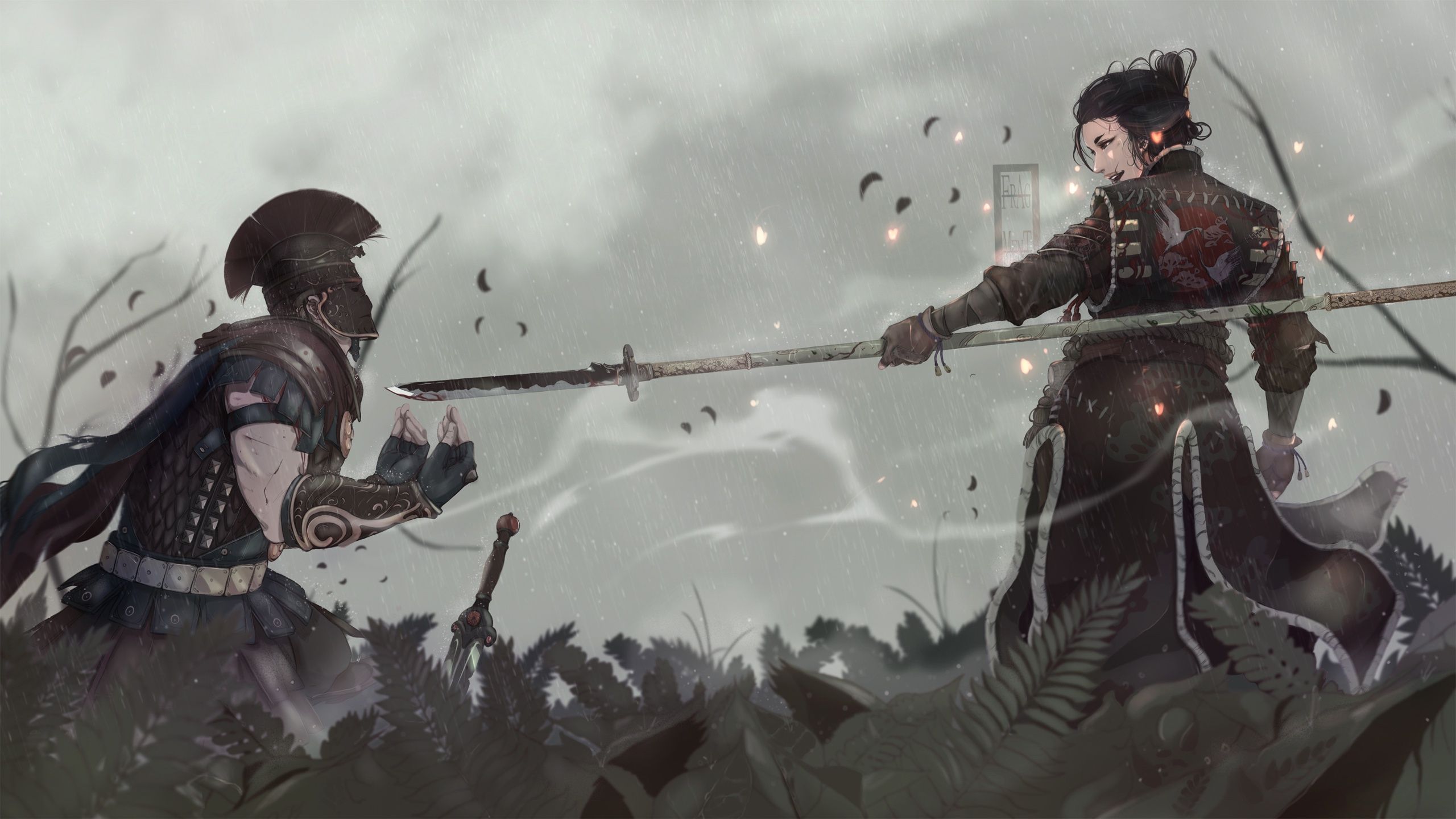 2560x1440 Wallpaper sword, fantasy, soldier, rain, armor, samurai, artist, digital art for mobile and desktop, section фантастика, resolution 2560x1440
