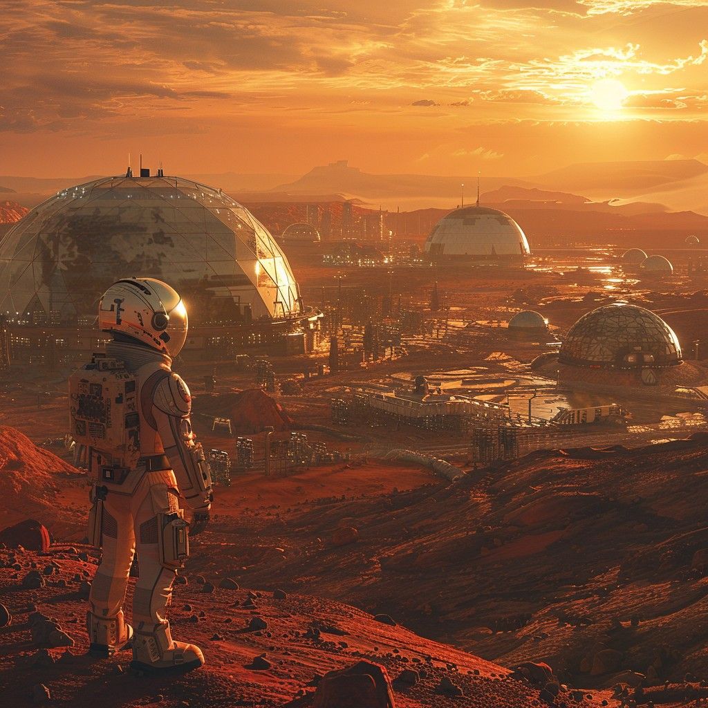 1024x1024 Free Mars colony sunset Image, Sunset, Astronaut