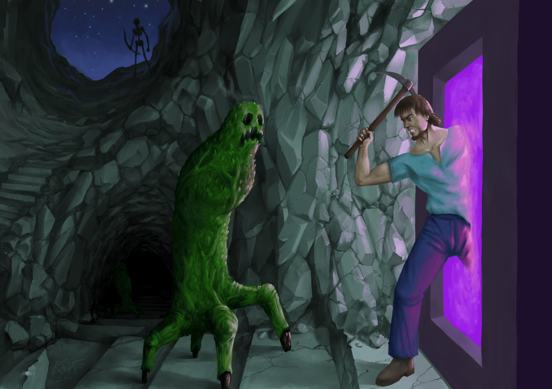 1920x1353 Download Cave Portal (Video Game) Skeleton Pickaxe Steve (Herobrine Minecraft) Creeper (Minecraft) Video Game Minecraft HD Wallpaper