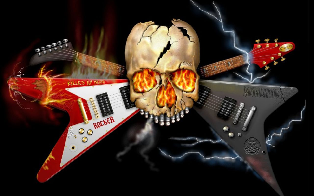 1280x800 Desktop wallpaper: Hard Rock, Heavy Metal, Skull, Music, Guitar 4K free download for PC. 1459939