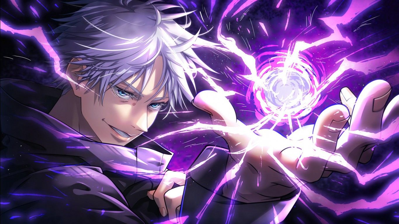 1366x768 White Hair Satoru Gojo Purple Background HD Jujutsu Kaisen Wallpaper