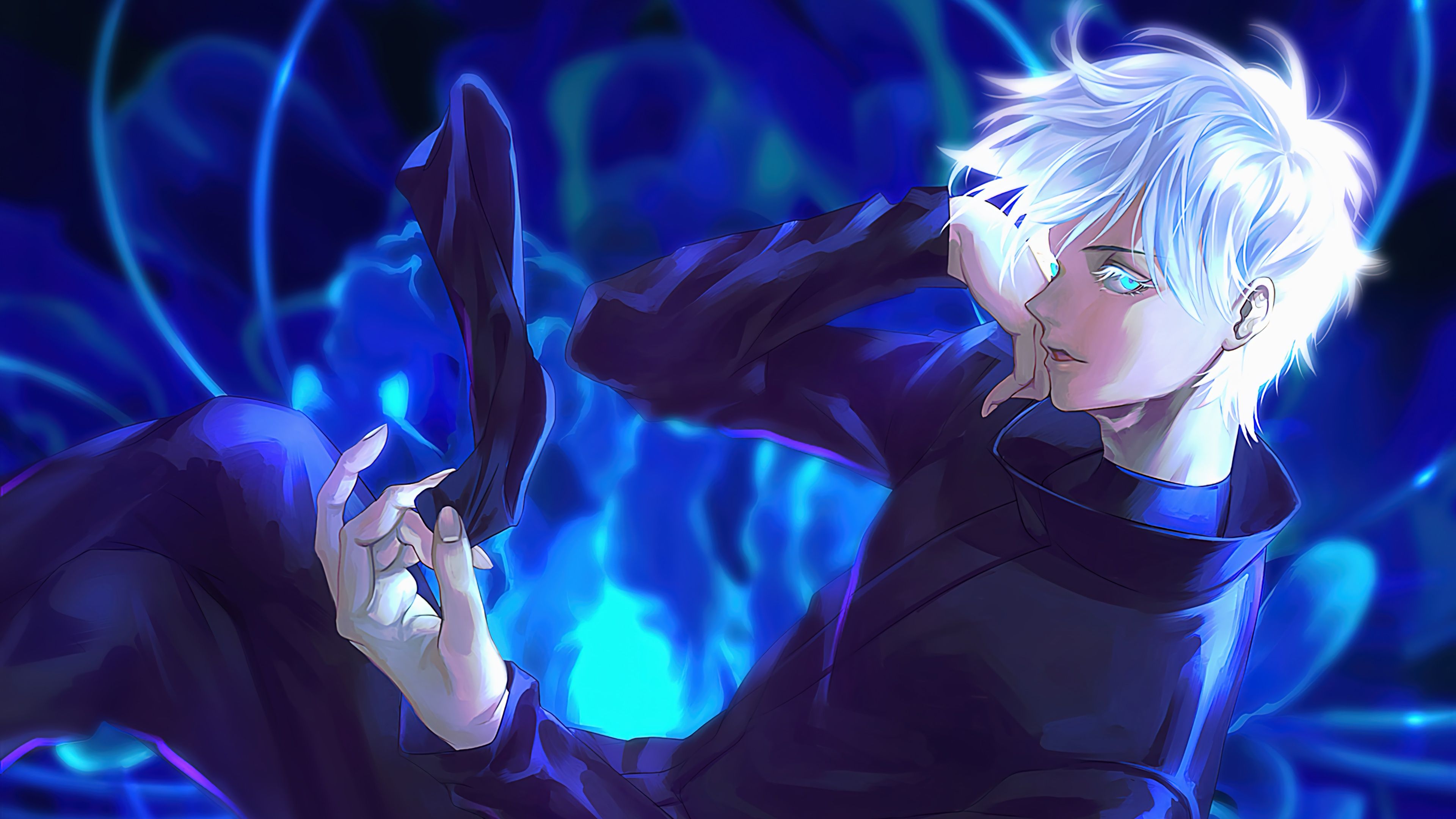 3840x2160 Wallpaper pose, anime, gesture, anime, Jujutsu Kaisen, blue haze, Magic Battle, Satoru Gojo for mobile and desktop, section сёнэн, resolution 3840x2160