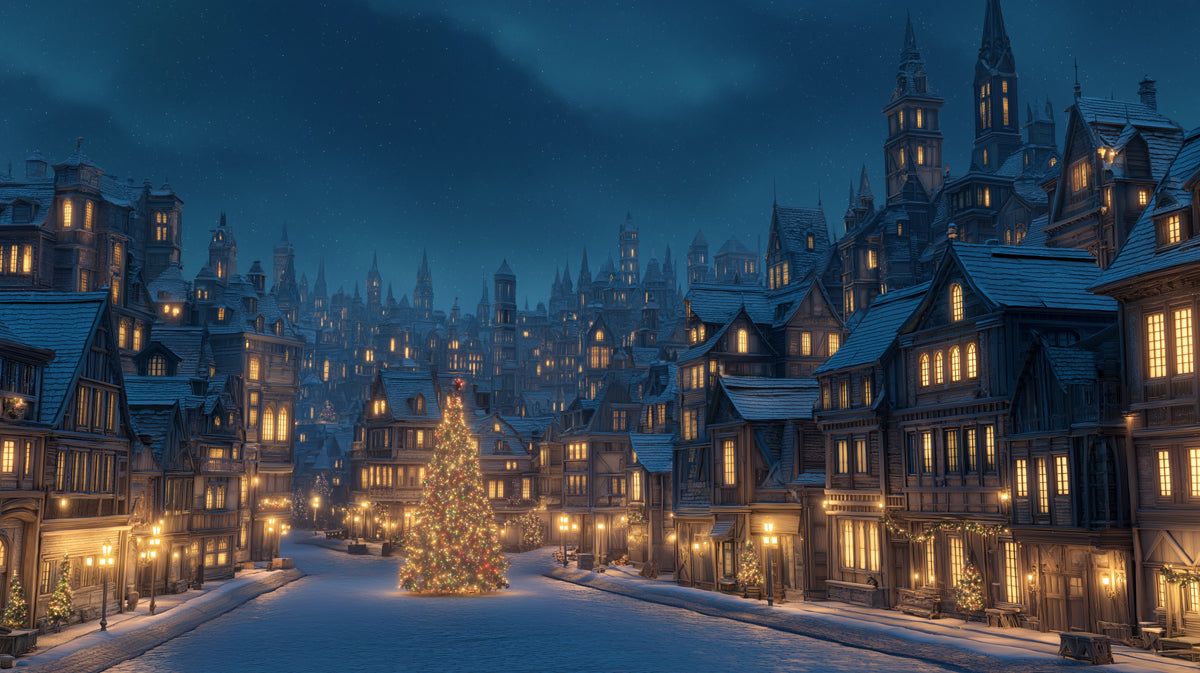 1200x673 Old European Christmas City Mural Wallpaper. Snowy Street, Gothic Architecture, Golden Warm Window Glow