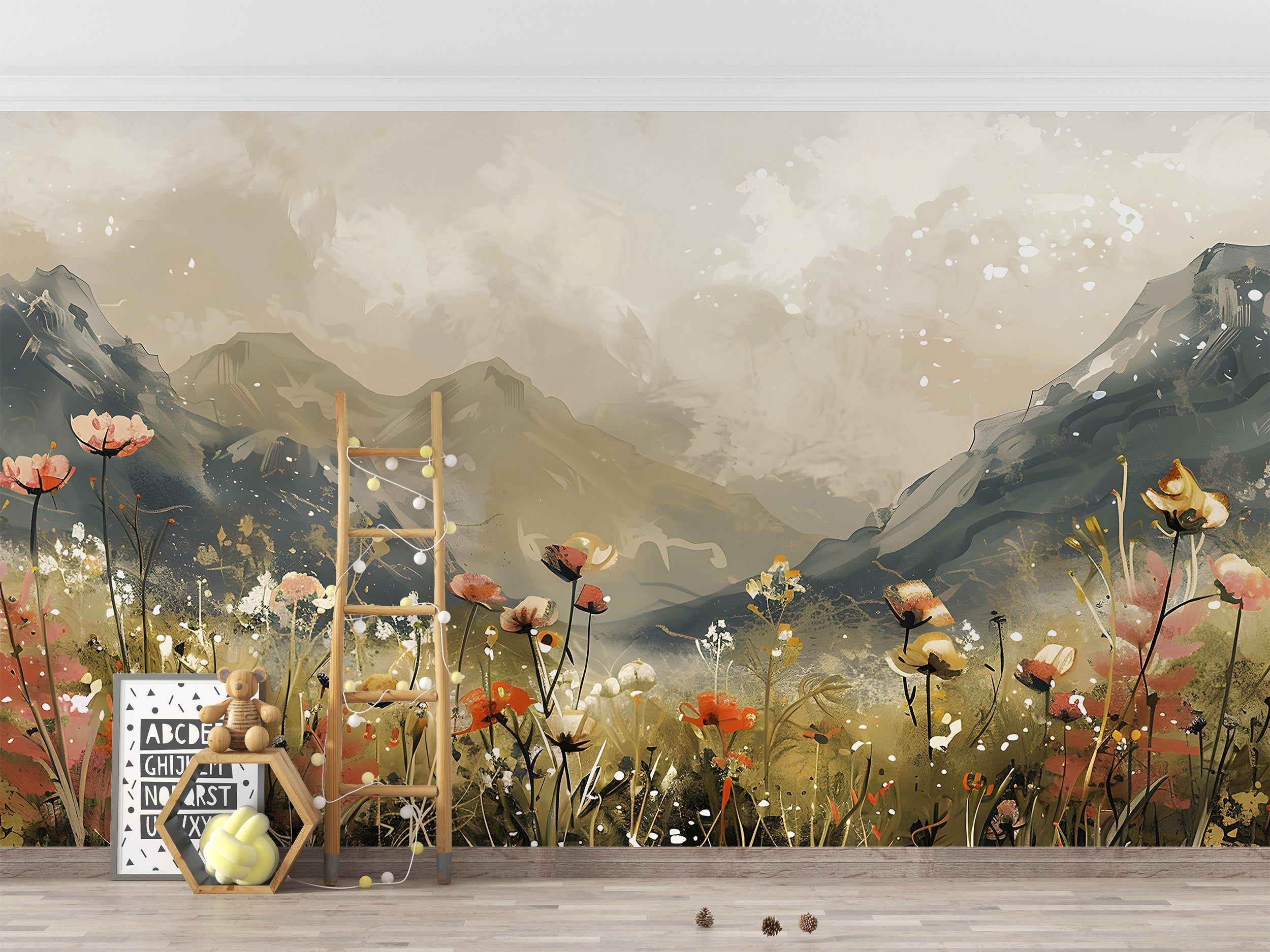 2500x1875 Watercolor Flower Field Mural and Stick Mountain Wallpaper