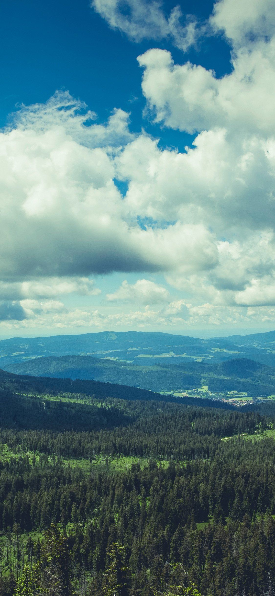 1125x2436 Nature Field Green Cloud Sky Mountain Tree iPhone Wallpaper