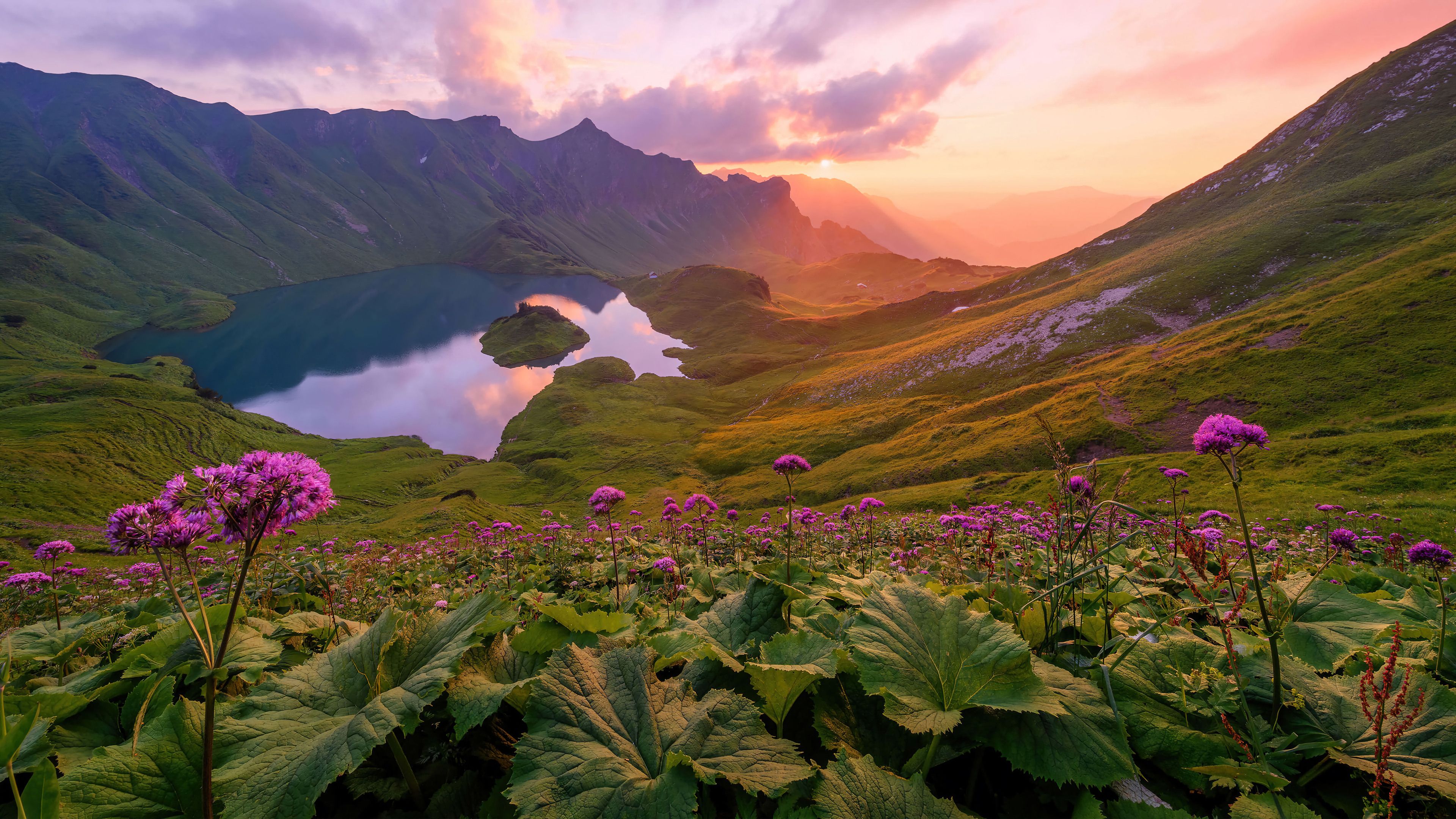 3840x2160 Mountain Lake Sunset Flower Field Nature Scenery Wallpaper 4K HD PC f