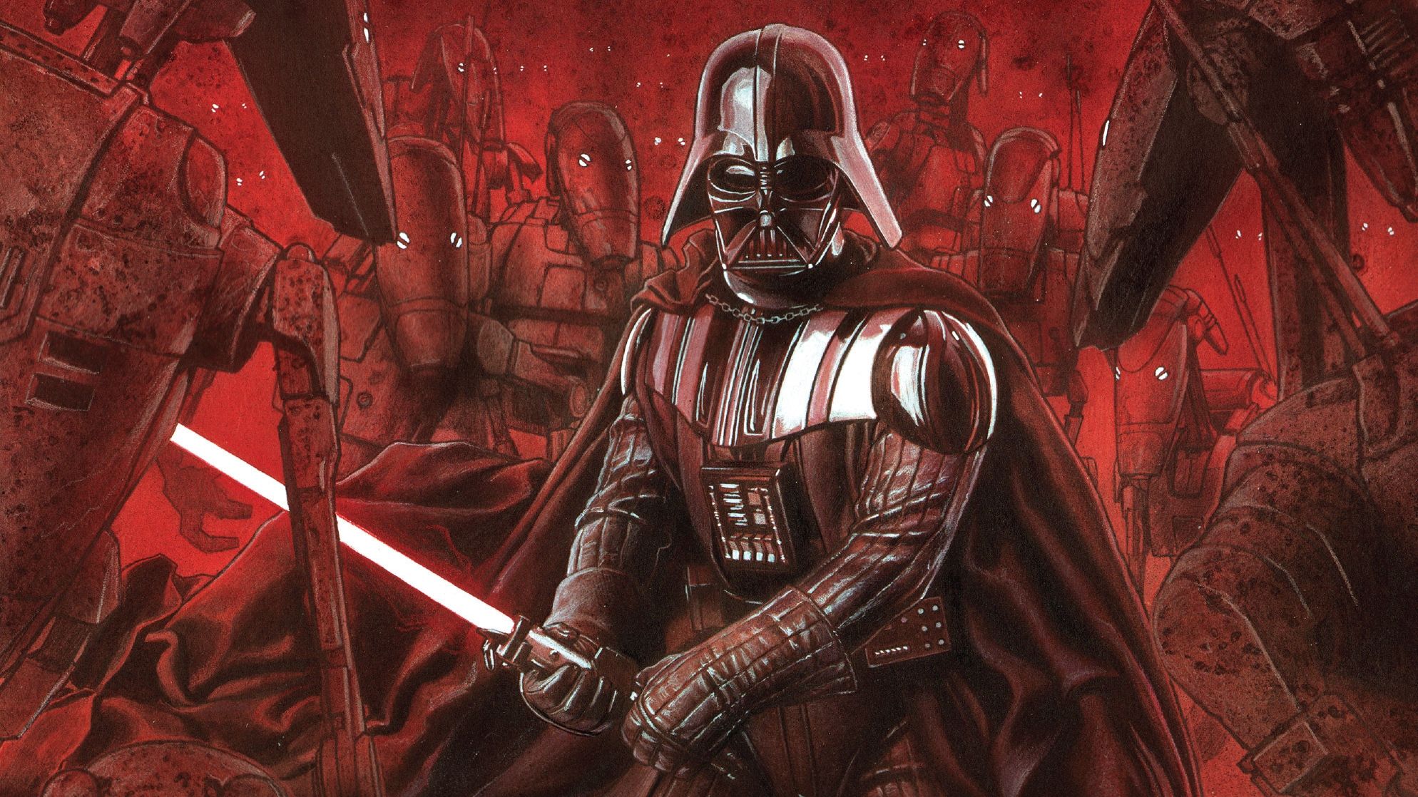 1988x1118 Desktop wallpaper: Darth Vader, Comics, Star Wars, Battle Droid (Star Wars) 4K free download for PC. 358190