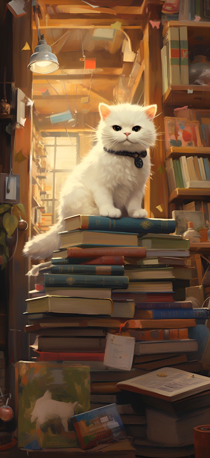 736x1600 White Cat on Huge Pile of Books in Workshop Wallpaper iPhone