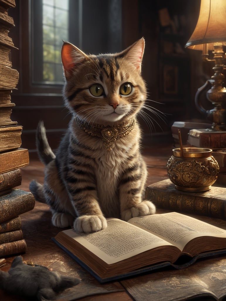 771x1024 Premium Free ai Image. cute cat reading pixar detailed background