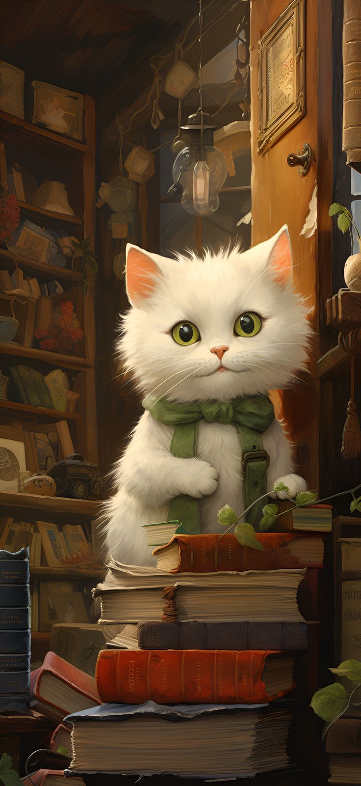736x1600 White Cat with Green Bow on Books in Book Store Wallpaper iPhone
