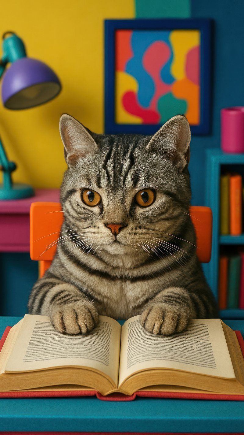 800x1422 Adorable cat reading book