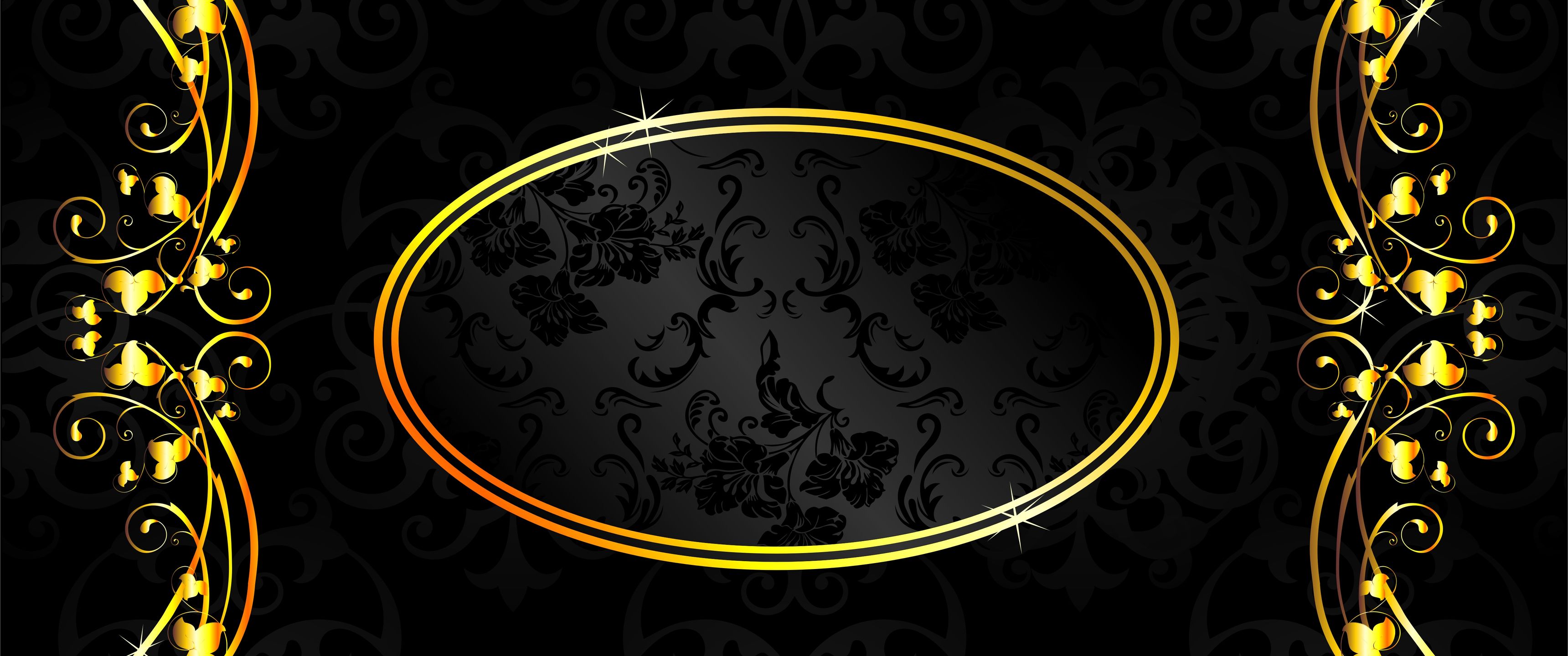3440x1440 Download Black background, Texture, Gold, Frame, Black, Background Wallpaper in 3440x1440 Resolution