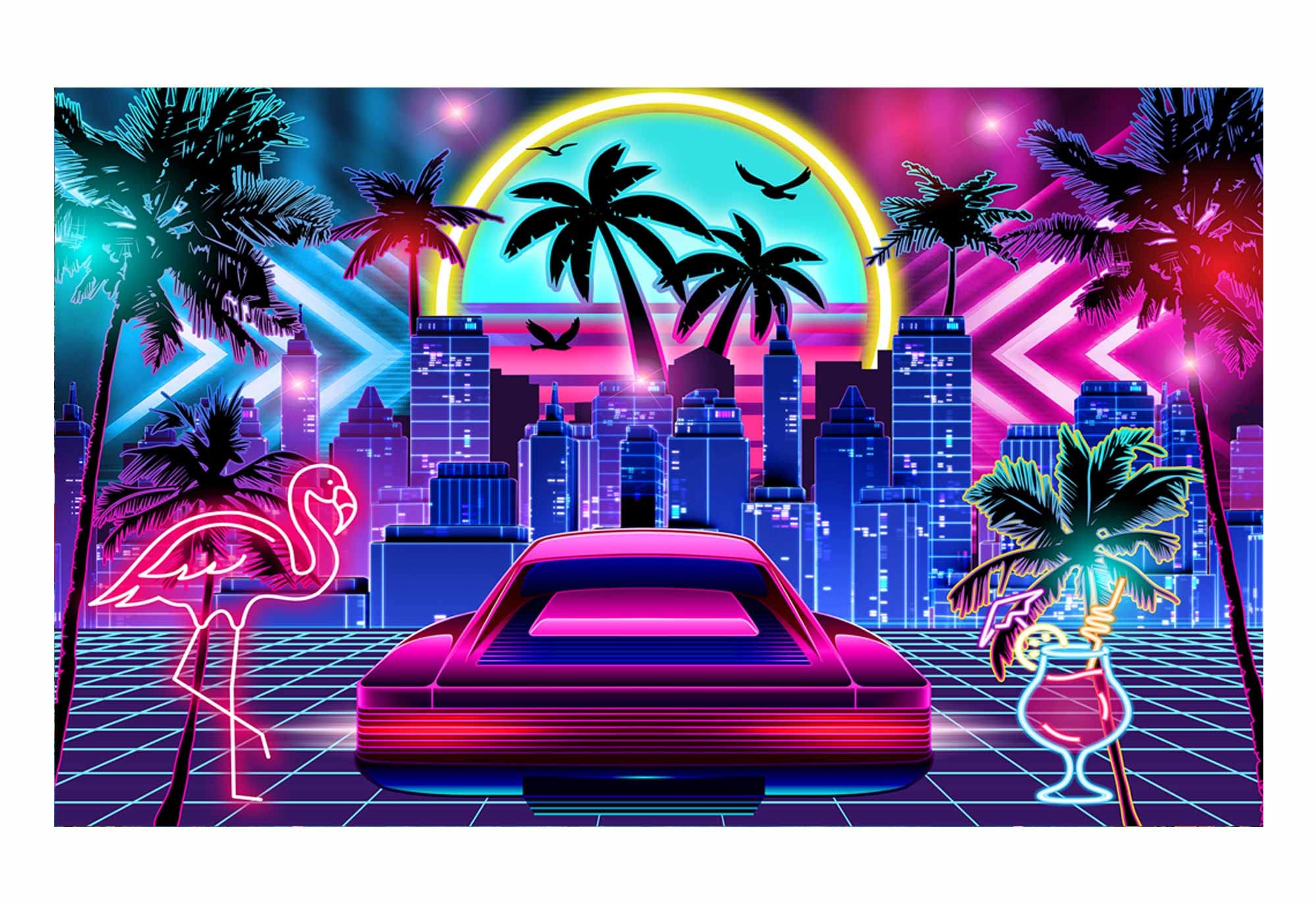 2000x1374 Amazon.com : Funnytree Miami Backdrop for Retro 80s Summer Disco Style Birthday Party Supplies Decoration Tropical Neon City Flamingo Palm Tree Decor Background Photo Booth Banner Props
