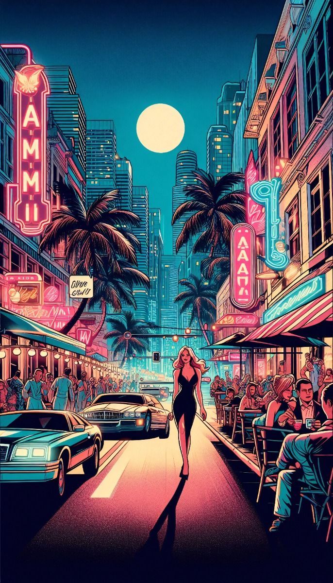 686x1200 GTA Vice City inspired retro Miami lifestyle 1980s, neon lit nights, glamorous streets