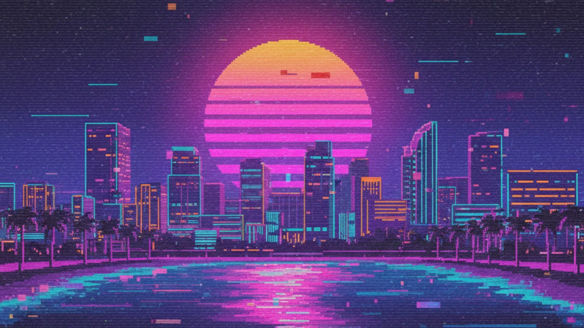 1920x1080 Retro 80s Miami skyline with glowing synthwave sun and VHS glitches HD vaporwave Wallpaper