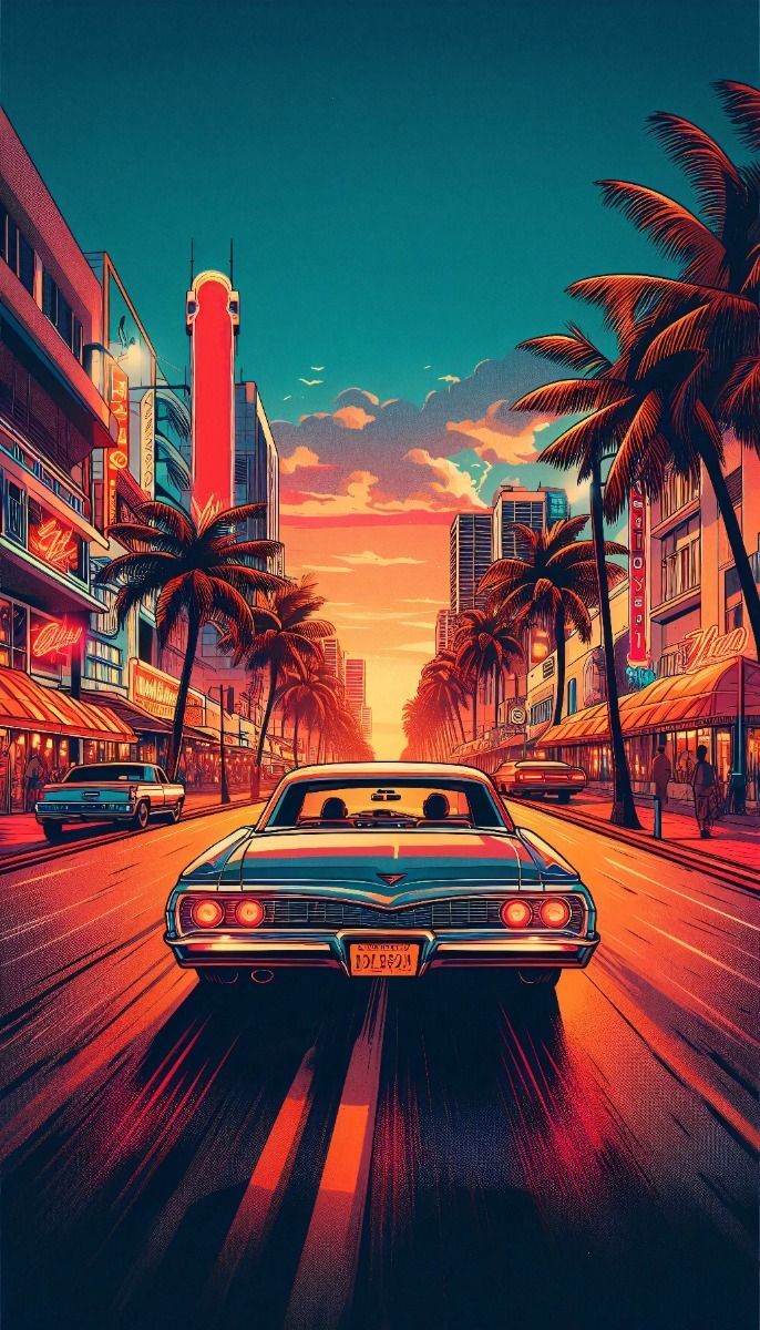 686x1200 GTA Vice City inspired retro Miami lifestyle 1980s, classic car street under sunset, palm trees