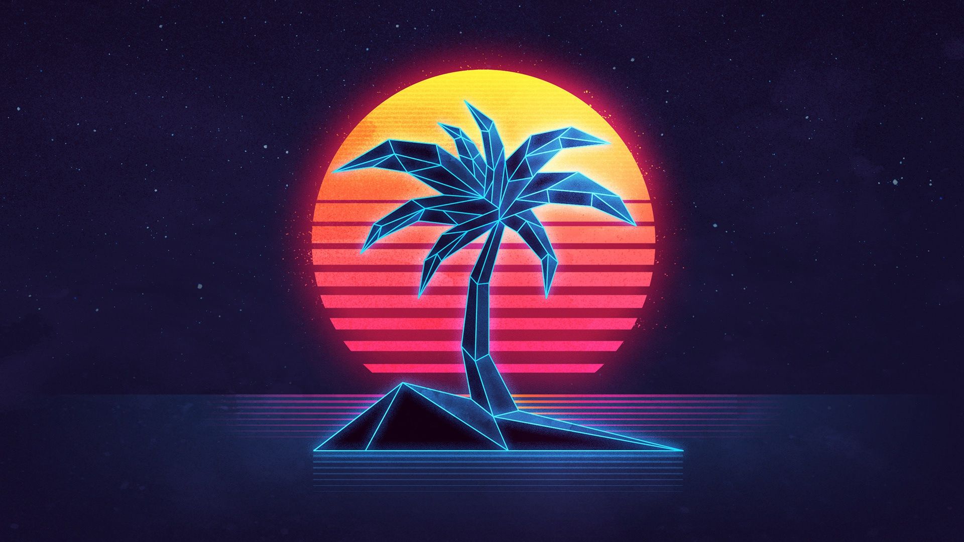 1920x1080 Wallpaper sea, the sky, the sun, sunset, palm trees, island, neon, 80s for mobile and desktop, section стиль, resolution 1920x1080