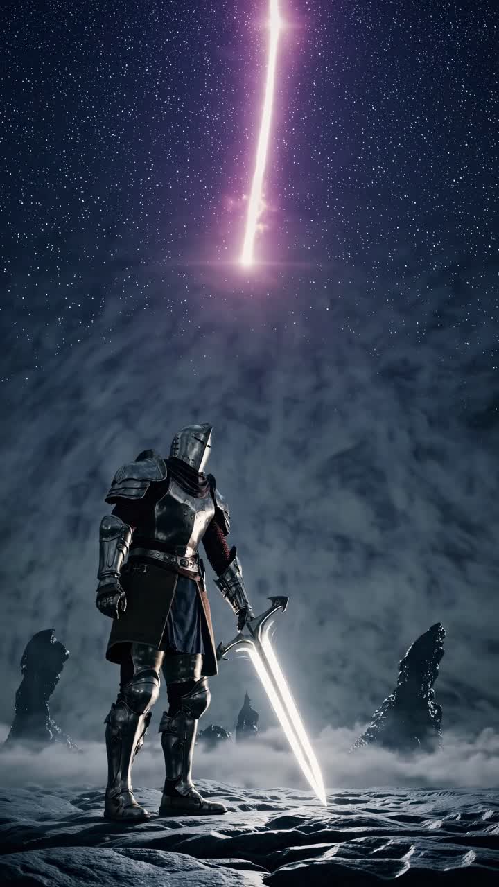 720x1280 Epic fantasy scene with a knight holding a sword under a starry sky