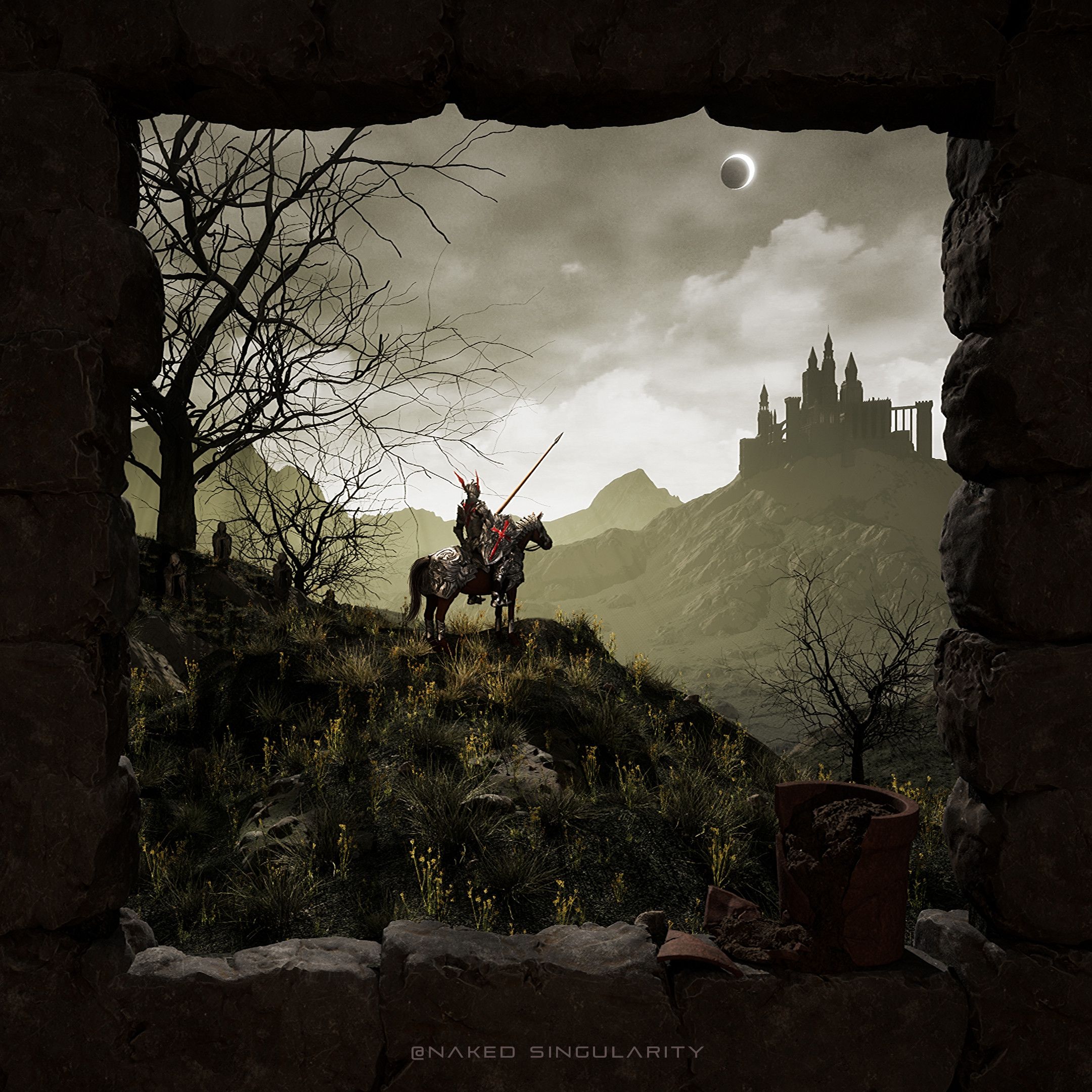 2160x2160 Naked Singularity Studio fantasy knight heading to castle under solar eclipse