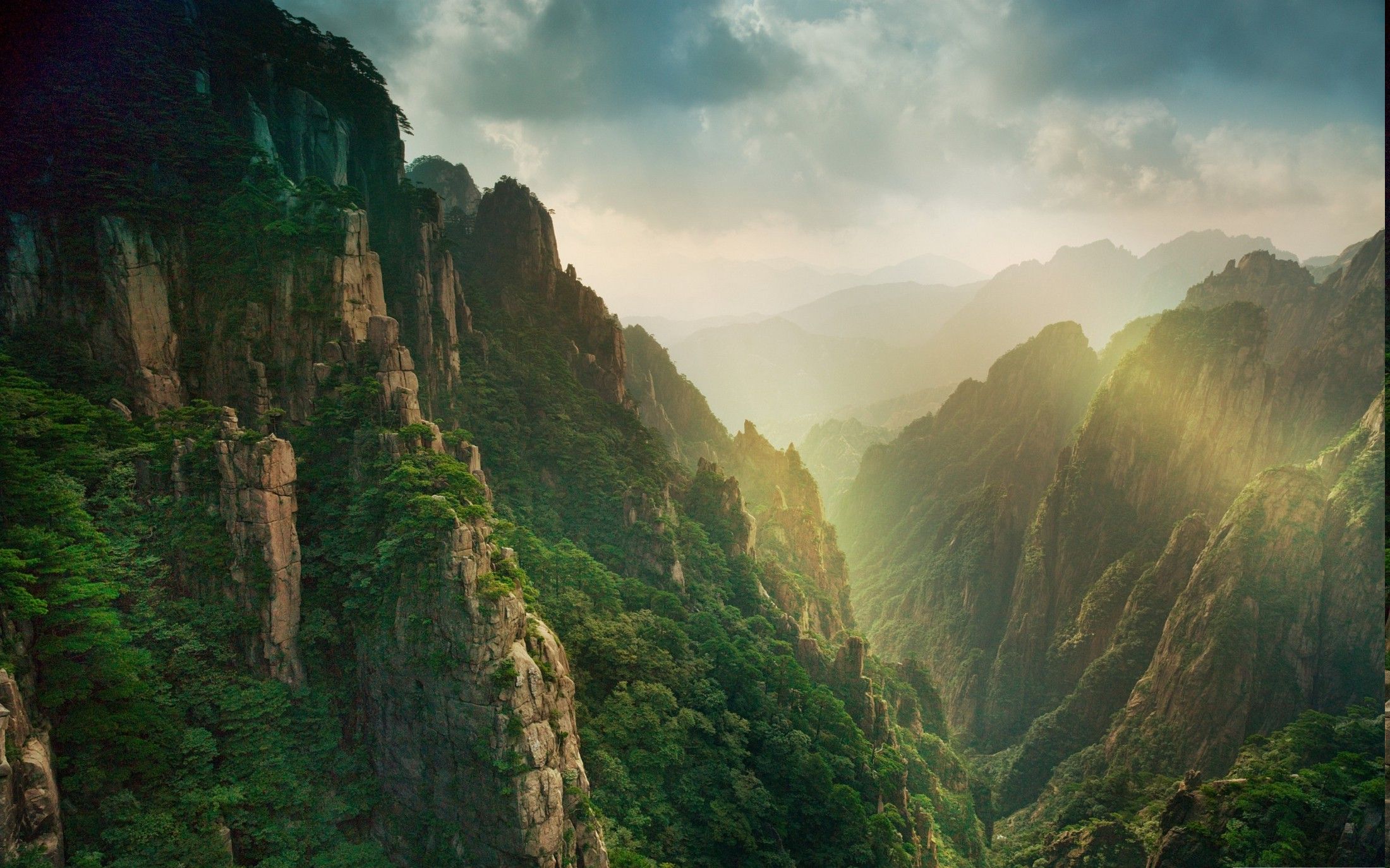 2200x1375 nature, Landscape, Sunrise, Mountain, Mist, Forest, Sun Rays, China, Canyon, Clouds Wallpaper HD / Desktop and Mobile Background