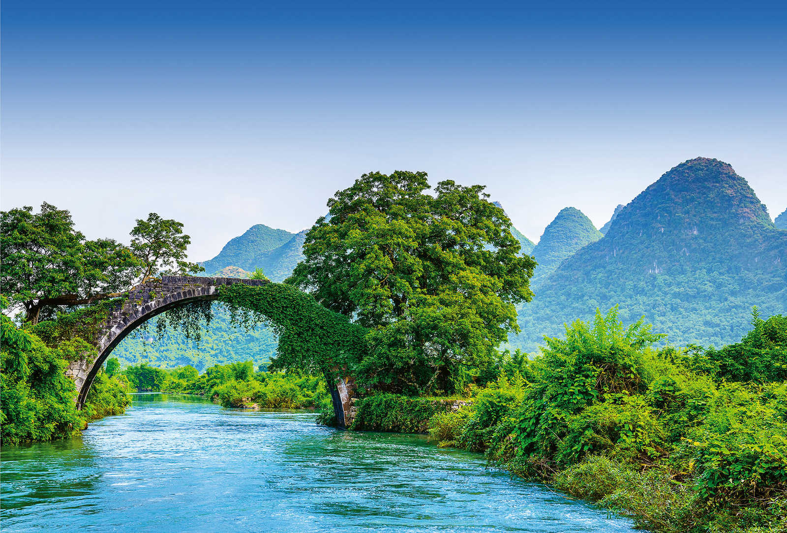 1600x1083 Photo wallpaper rural China, mountains river & bridge