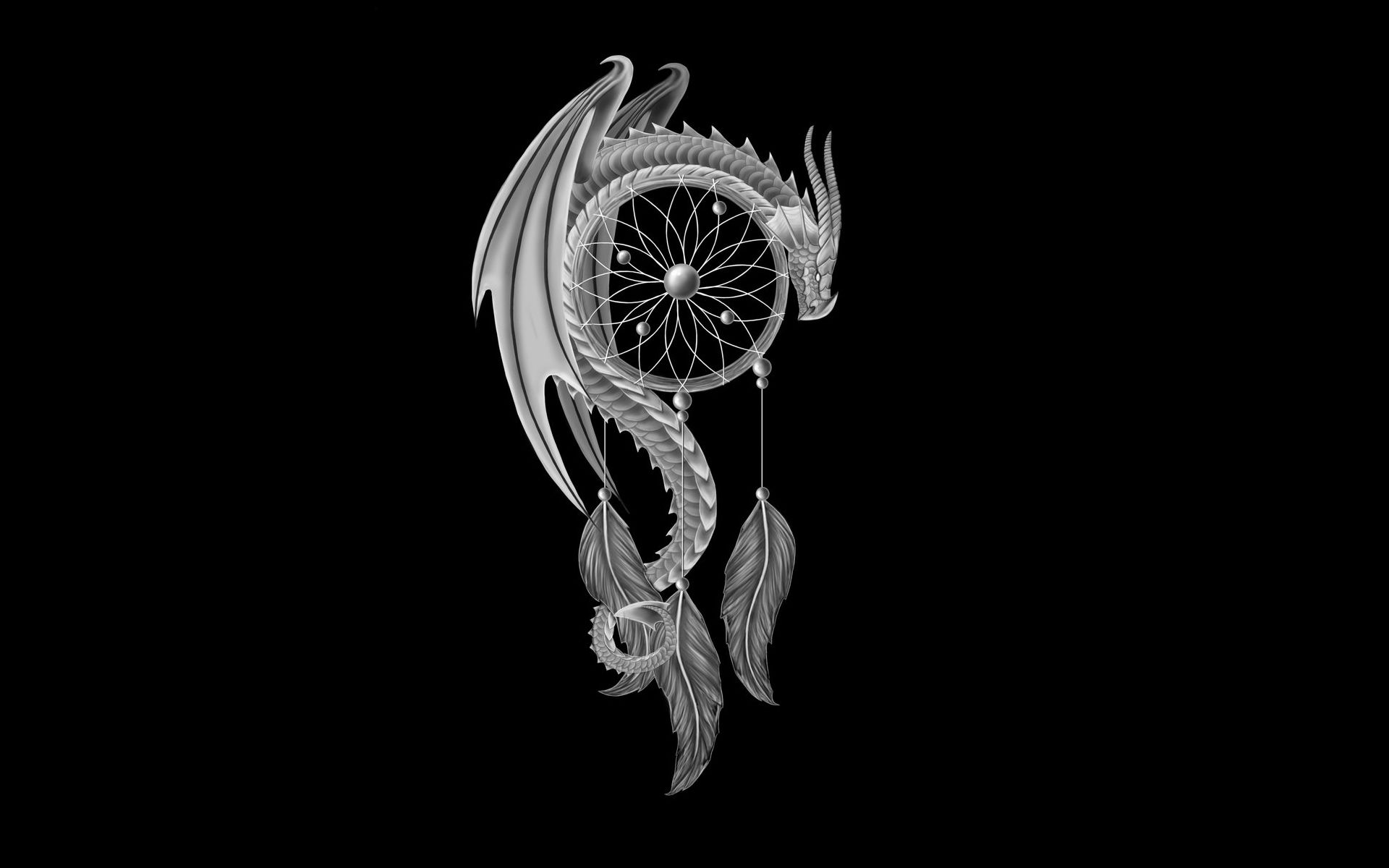 1920x1200 Wallpaper dragon, minimalism, feathers, black background, dragon, Dreamcatcher, Dreamcatcher for mobile and desktop, section минимализм, resolution 1920x1200