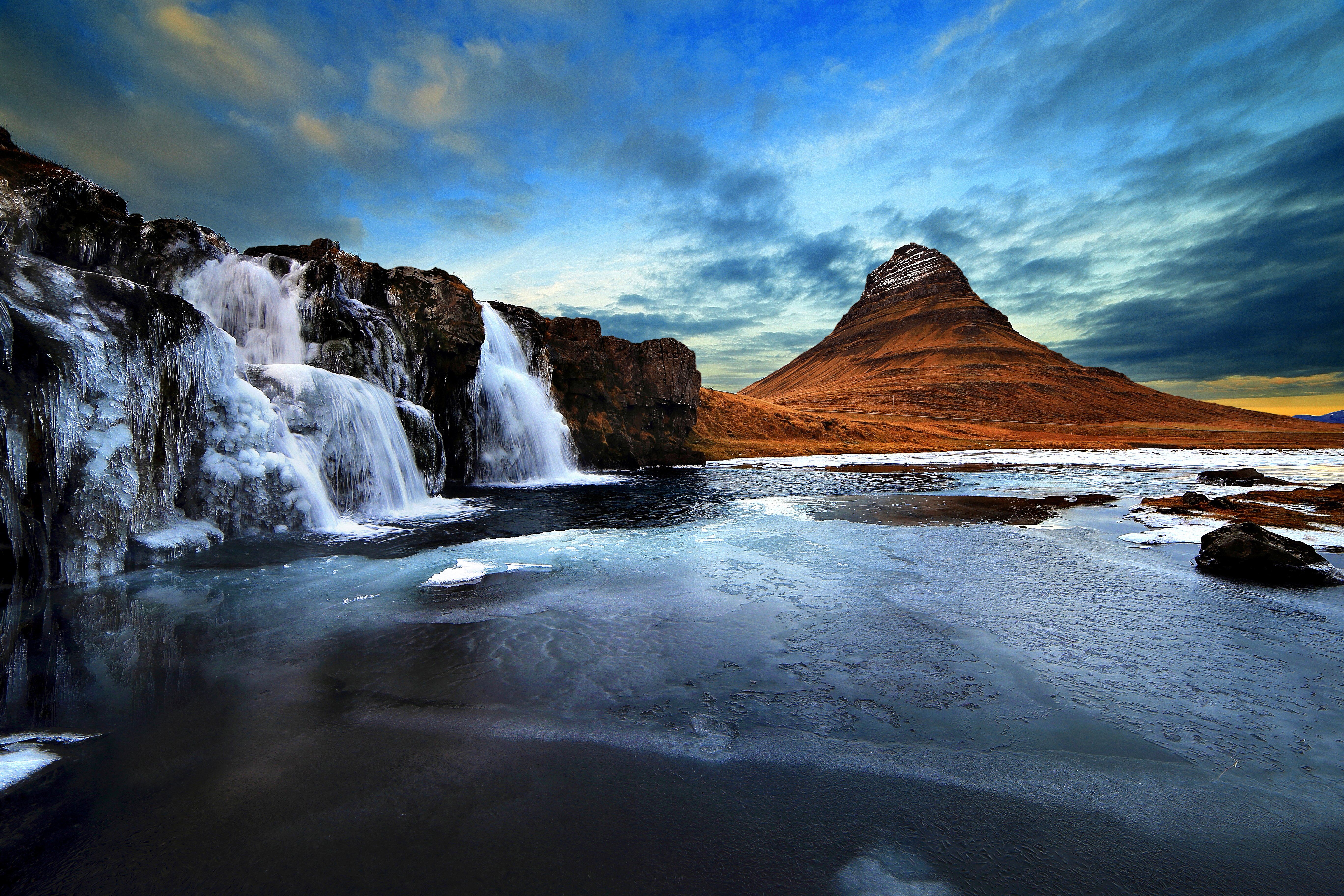 5472x3648 kirkjufell, Ice, Iceland, Kirkjufell, Mountain, Kirkjufell, Waterfall, Ocean, Sea, Ice, Winter Wallpaper HD / Desktop and Mobile Background