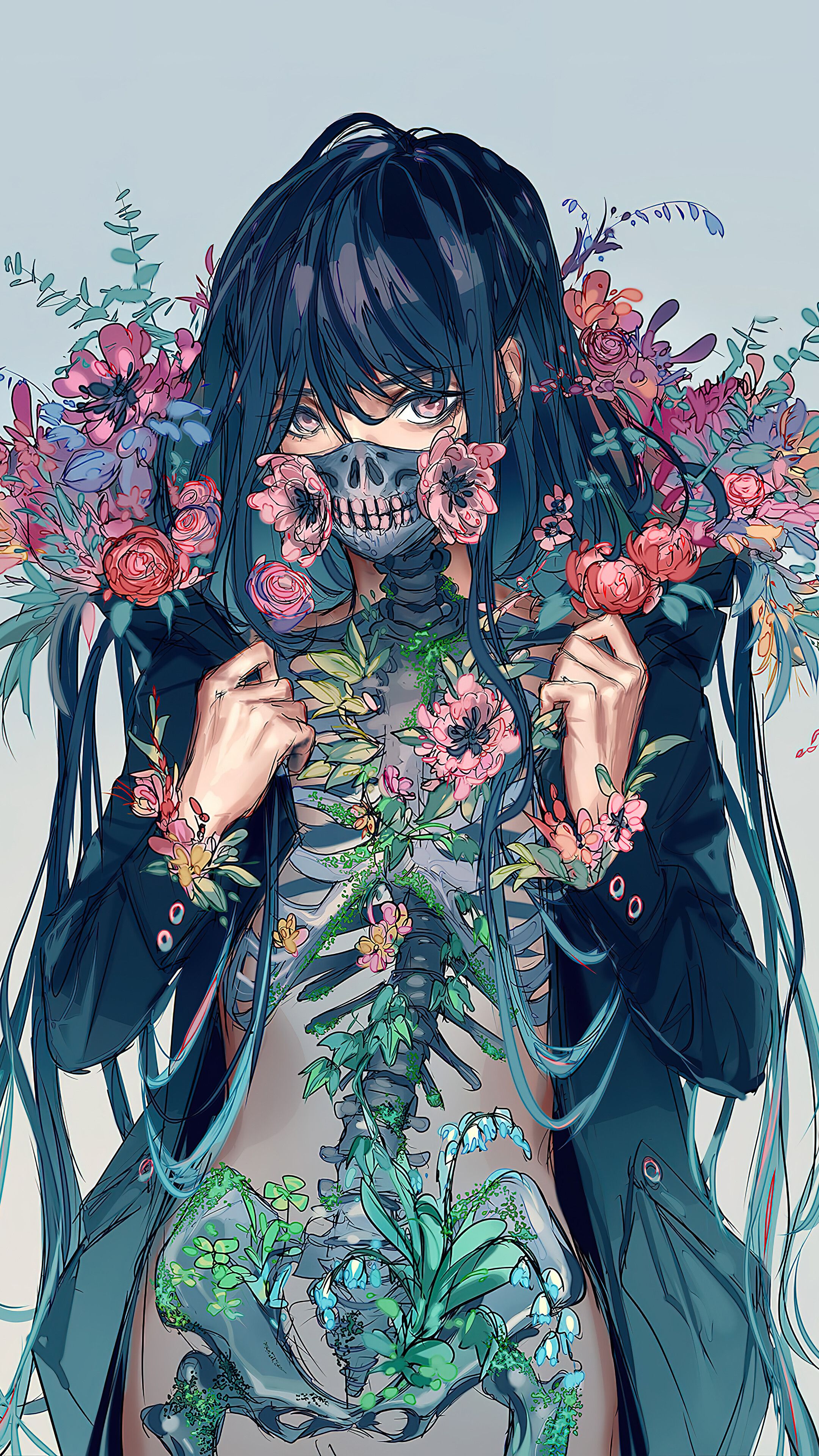 2160x3840 Anime Girl Mask Flower Digital Art 4K Wallpaper iPhone HD Phone f