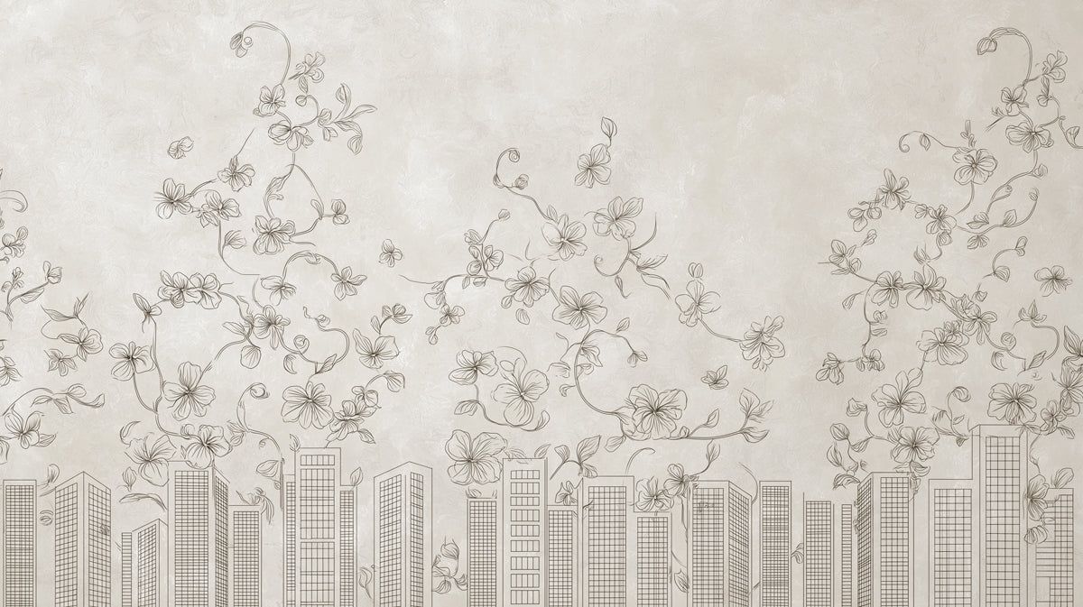 1200x673 Urban Bloom Skyline Mural Sketch Style Cityscape Decor