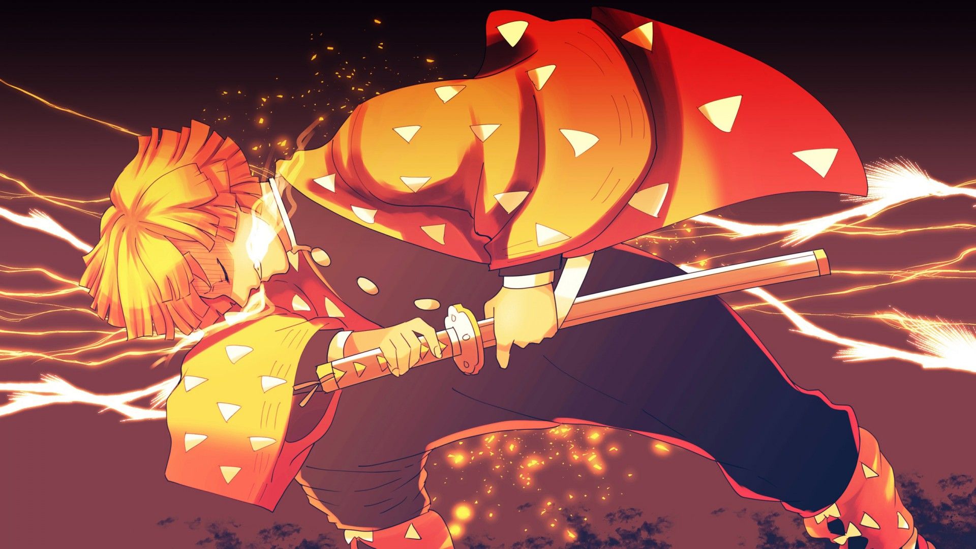 1920x1080 Demon Slayer Zenitsu Agatsuma With Sword With Background Of Black Red And Lightning HD Anime Wallpaper