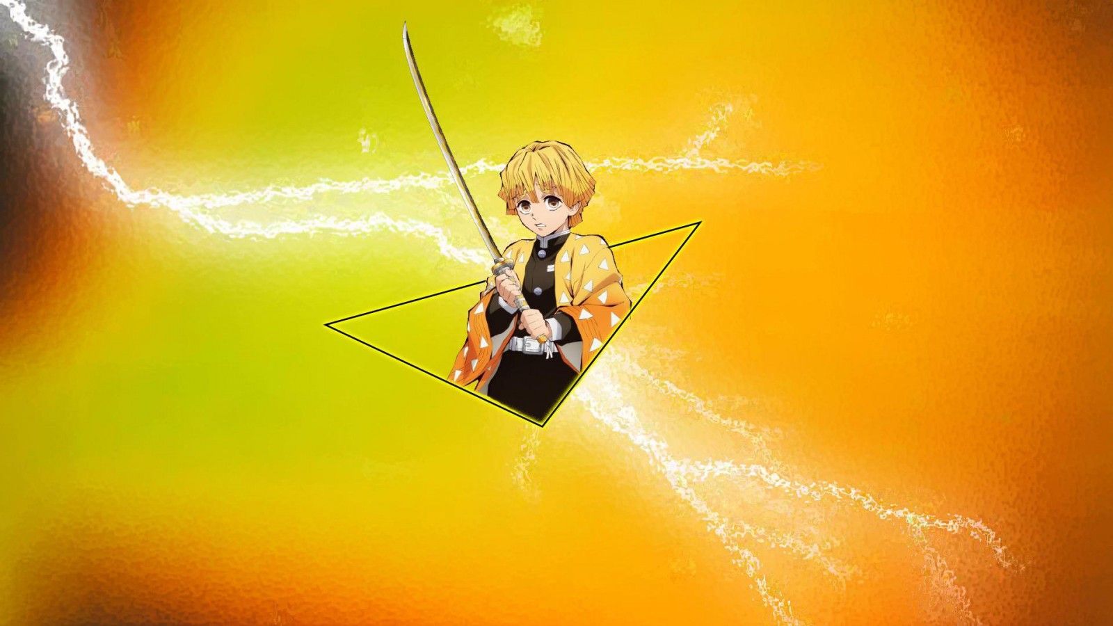 1600x900 Zenitsu Agatsuma With Sword Demon Slayer Kimetsu no Yaiba In Yellow Green Background HD Zenitsu Wallpaper