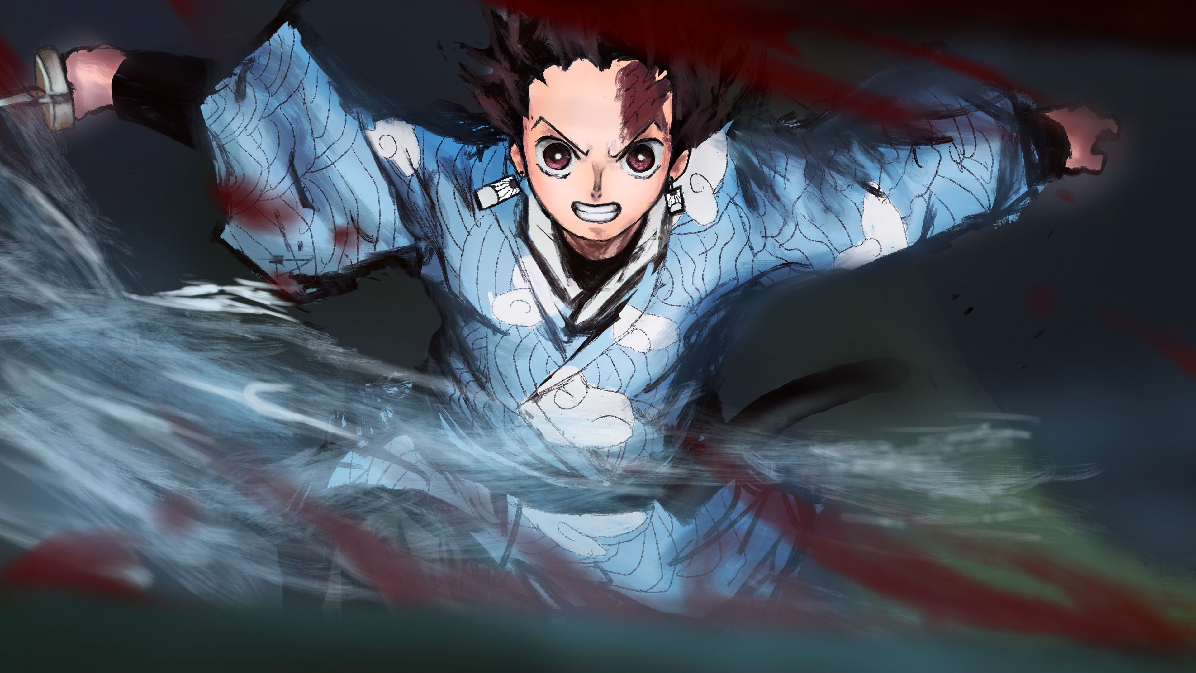 3840x2160 Demon Slayer Tanjirou Kamado Wearing Blue Dress With Black Background 4K HD Anime Wallpaper