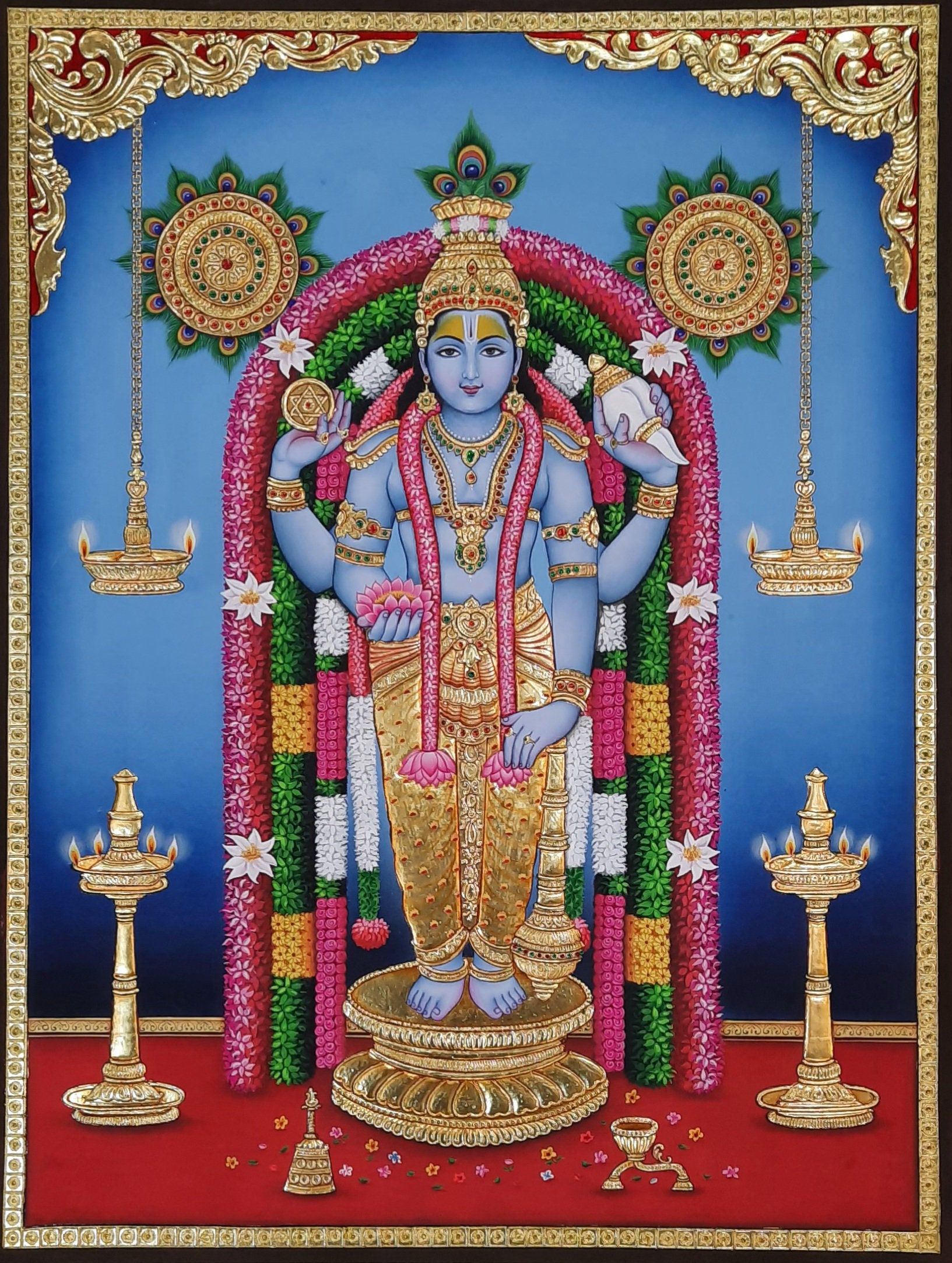 1633x2167 Lord Guruvayurappan Tanjore Painting: Gold Foil Art for Pooja Room