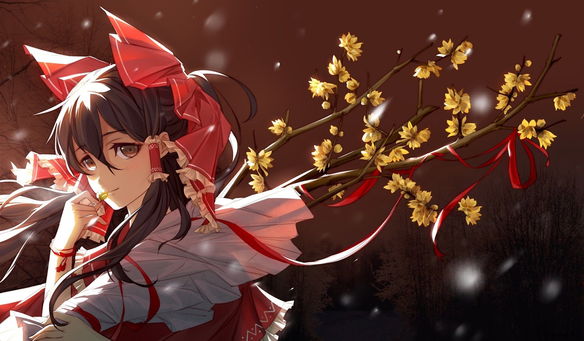 1920x1123 Wallpaper branches, face, bracelet, bow, flowering, touhou, bangs, Hakurei Reimu for mobile and desktop, section игры, resolution 1920x1123