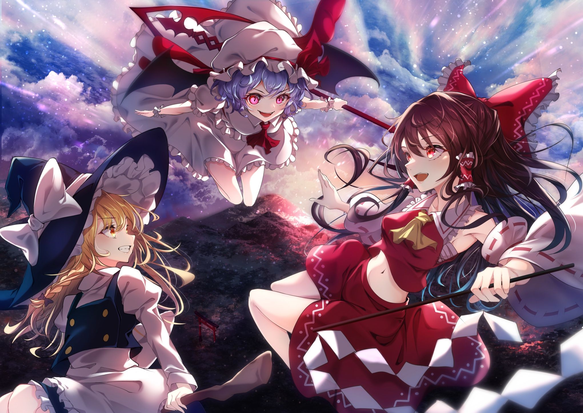 2041x1447 Wallpaper the sky, girl, Touhou Project, Marisa Kirisame, Remilia Scarlet, Reimu Hakurei for mobile and desktop, section игры, resolution 2041x1447