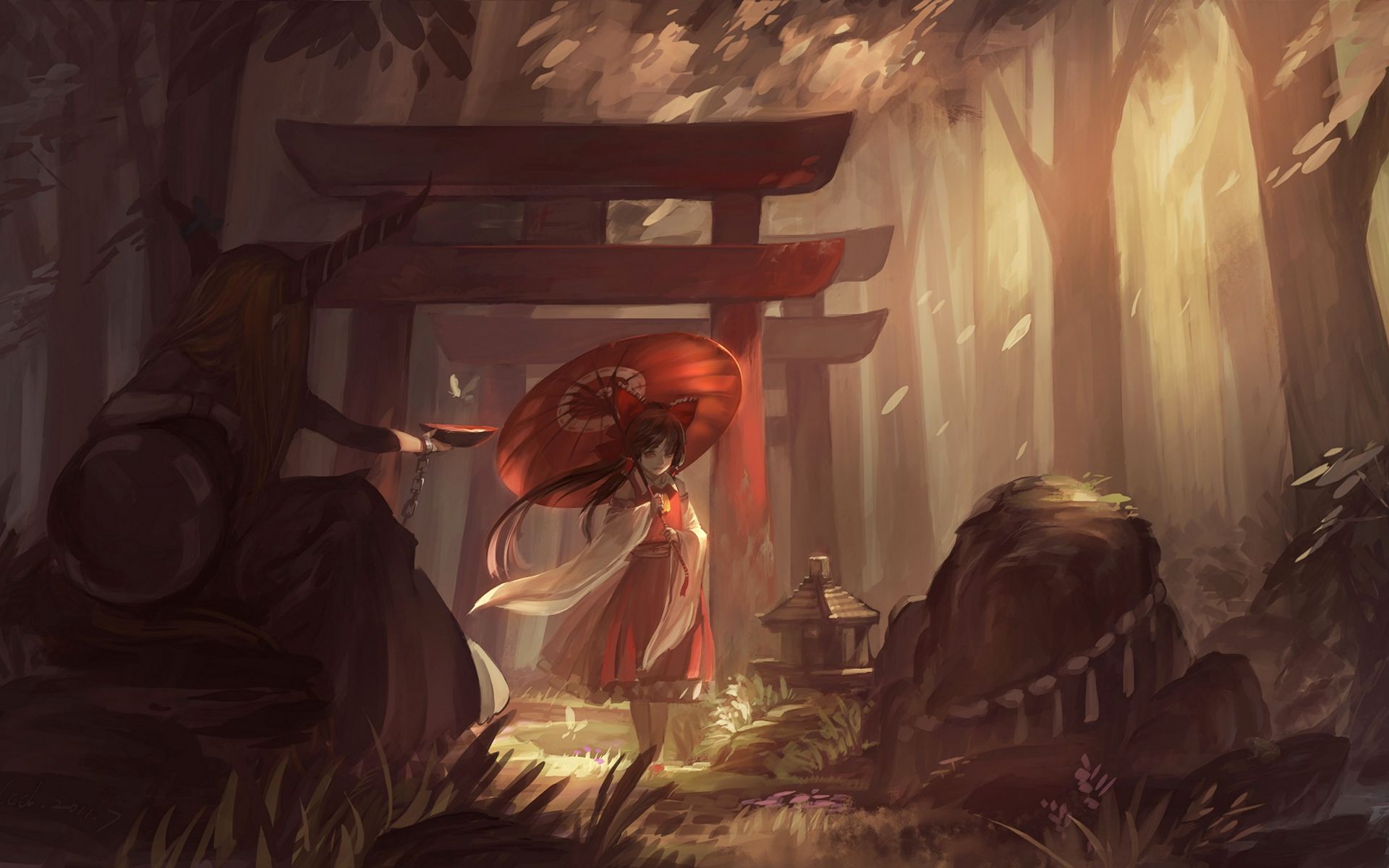 1920x1200 Phone wallpaper: Reimu Hakurei, Touhou, Umbrella, Anime, Brown Hair, Suika Ibuki 552044