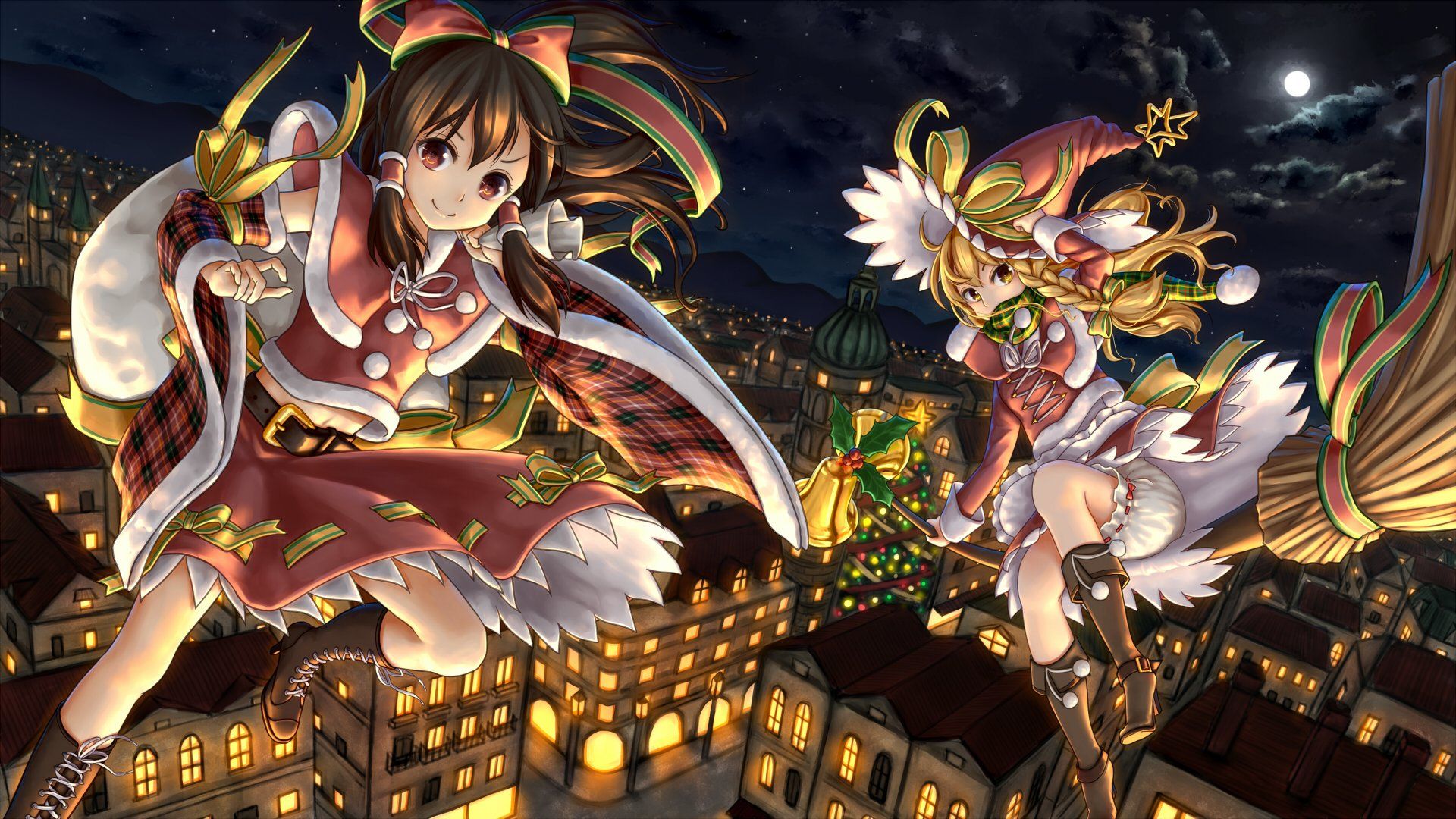 1920x1080 girls, Bloomers, Christmas, Dtvisu, Hakurei, Reimu, Kirisame, Marisa, Moon, Night, Touhou, Witch Wallpaper HD / Desktop and Mobile Background