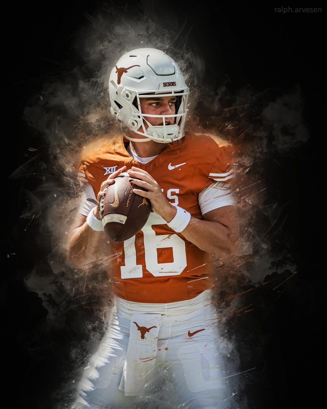 1080x1350 Arch Manning warming up before the football game between the Texas Longhorns and Kansas Jayhawks at DKR Texas Memorial Stadium on September 2023 (modified background)