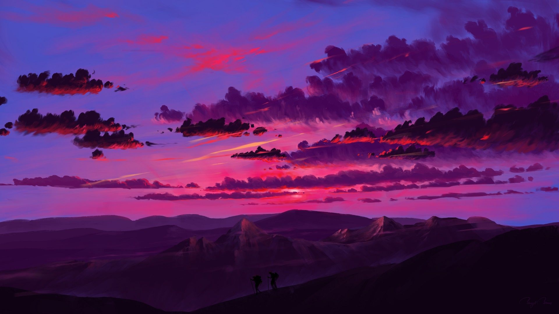 1920x1080 Wallpaper twilight, sky, landscape, sunset, art, mountains, clouds, artist for mobile and desktop, section арт, resolution 1920x1080