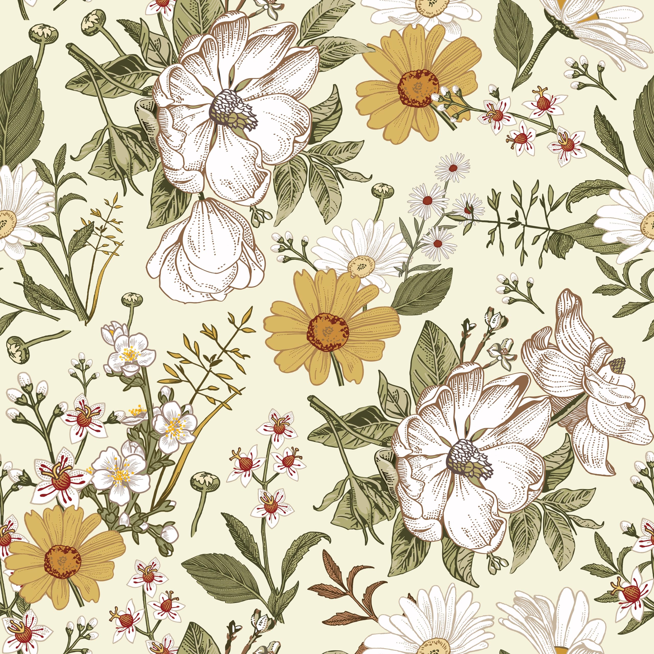 2560x2560 practicalWs Vintage Floral Peel and Stick Wallpaper Boho Peony Daisy Wallpaper for Bathroom Self Adhesive Removable Wall Paper for Living Room Cabinets Window Wall Backsplash 17.7in*118in