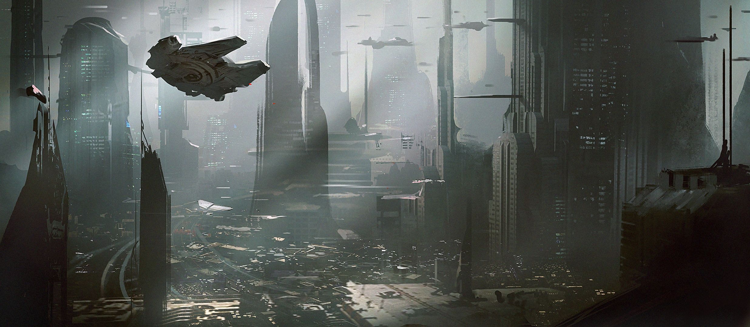 2472x1080 Wallpaper Star Wars, art, ship, Millennium Falcon, Millennium Falcon, Coruscant for mobile and desktop, section фантастика, resolution 2472x1080