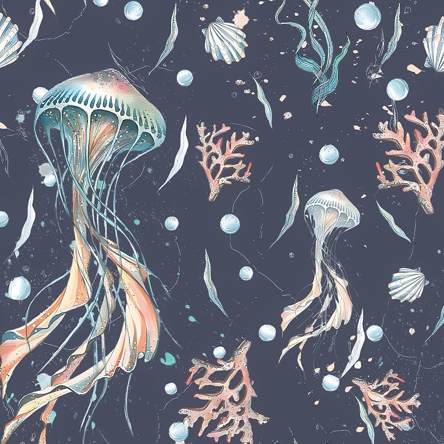 894x894 HeloHo Peel and Stick Wallpaper Dark Blue Wall Paper Ocean Jellyfish Seaweed Self Adhesive Removable Waterproof Contact Paper for Bathroom Living Room Decor 17.3 X 78.7