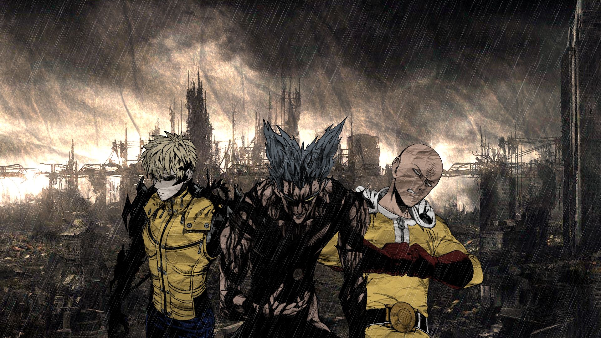 1920x1080 Desktop wallpaper: One Punch Man Season Garou (One Punch Man), Anime, One Punch Man, Genos (One Punch Man), Rain, Saitama (One Punch Man) 4K free download for PC. 944198