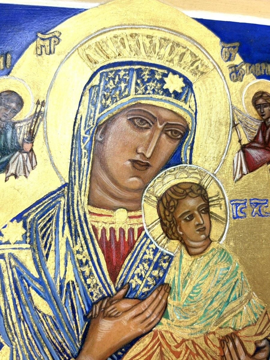 900x1200 Virgin Mary Baby Jesus Greek Orthodox Gold Icon Hand Painted On Wood 11 x 9