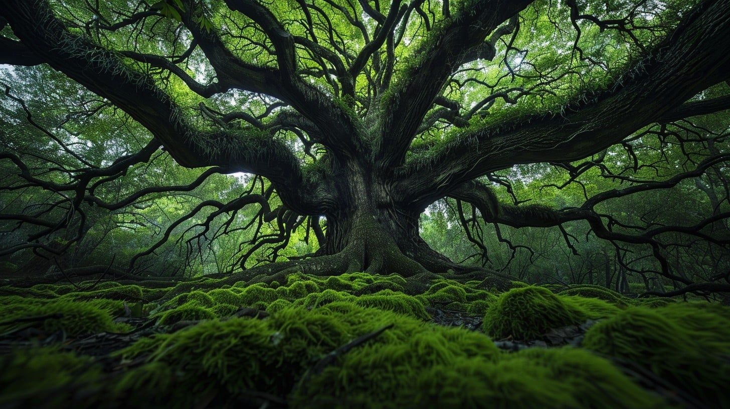 1456x816 Free Ancient Oak Forest Image, Oak, Ferns