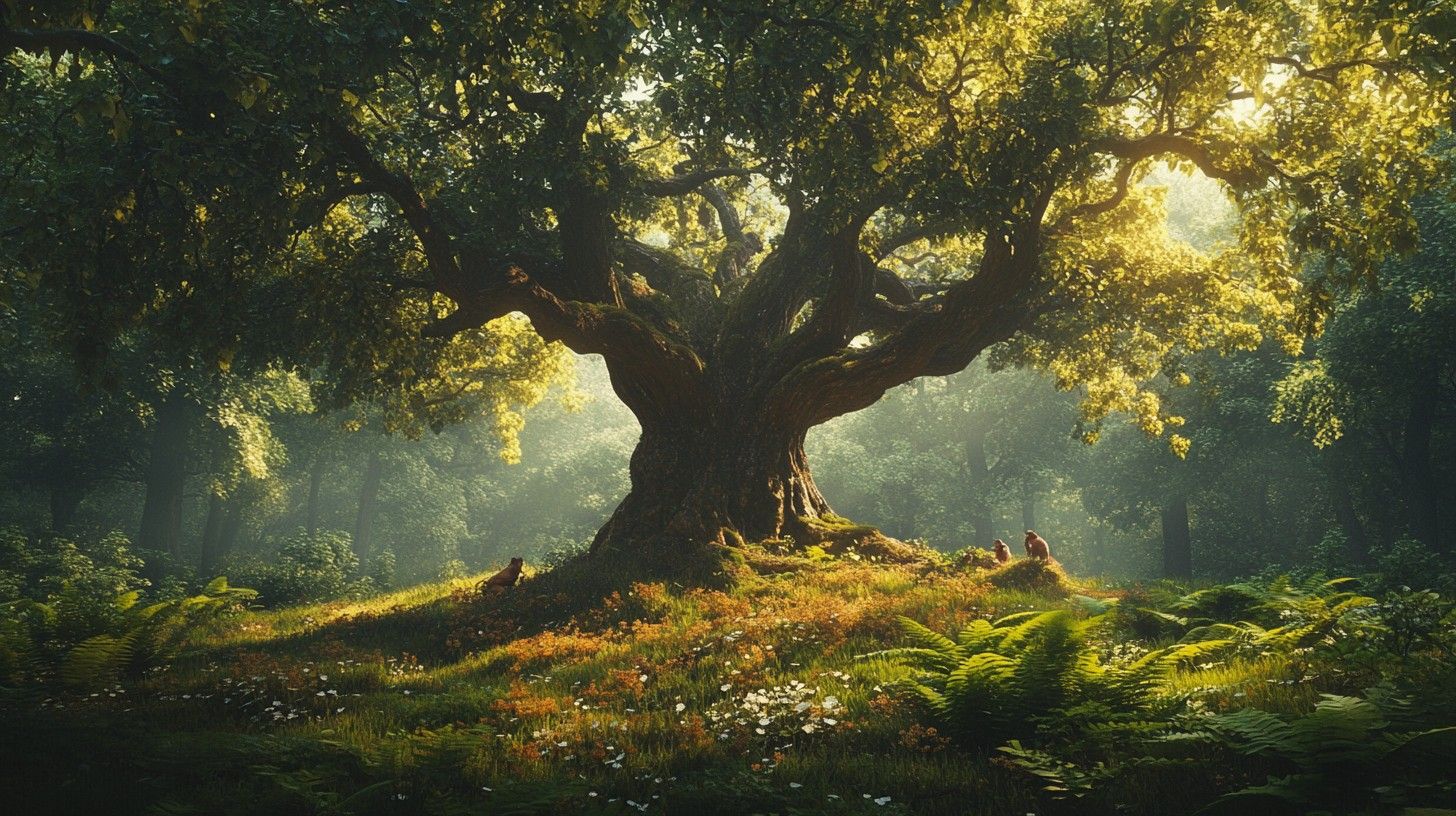 1456x816 Free Ancient Oak Forest Image, Oak, Ferns