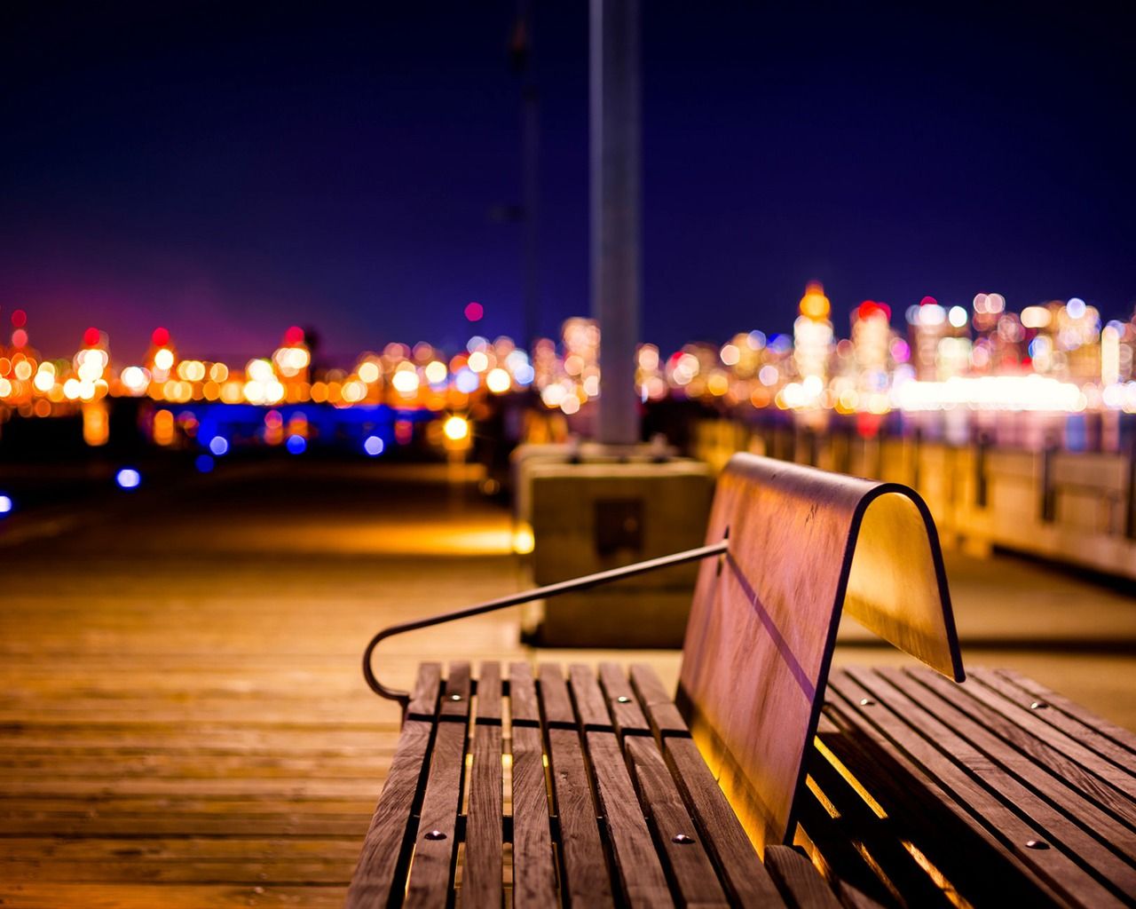 1280x1024 Splendor Night City Lights Bench Bokeh Photography Wallpaper