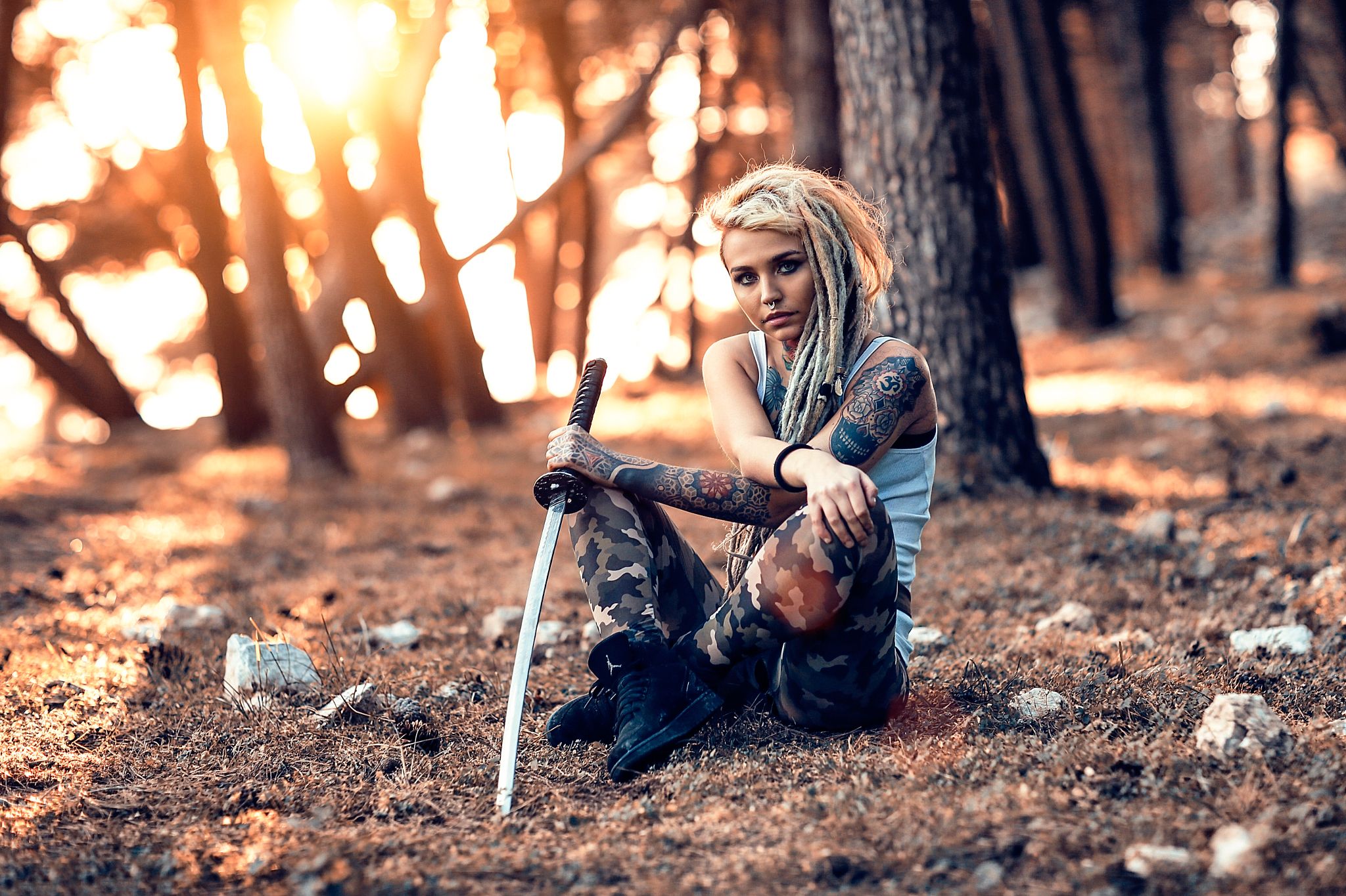 2048x1365 Wallpaper girl, weapons, sword, tattoo, camouflage, Alessandro Di Cicco, The Lost Warrior for mobile and desktop, section стиль, resolution 2048x1365