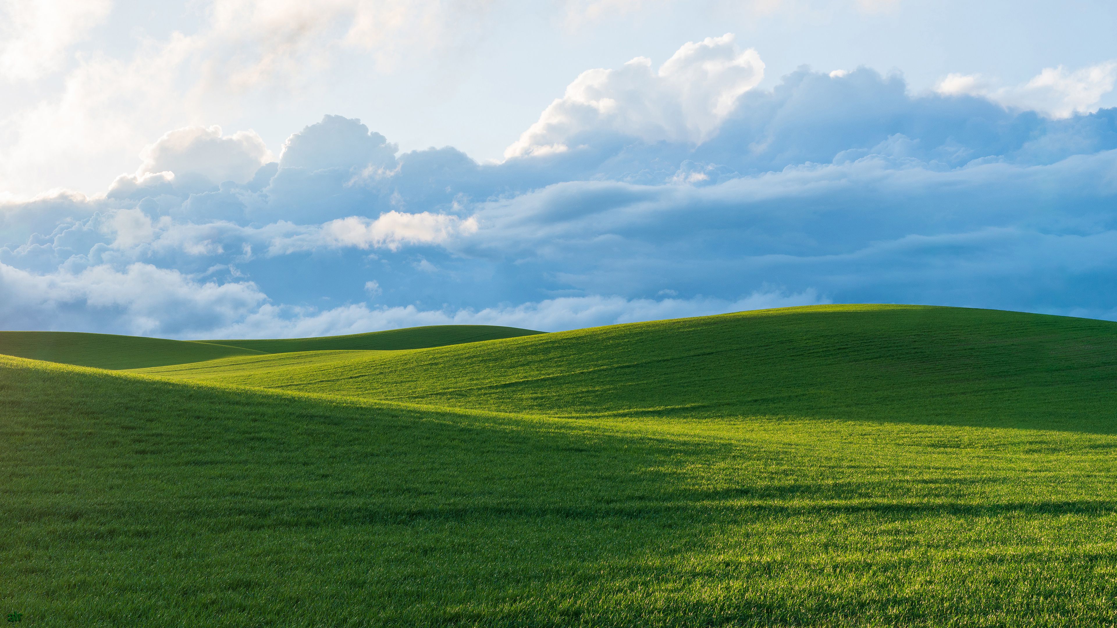 3840x2160 Grass, Field, Hills, Slope, Beautiful, Scenery, Natural, White, Clouds, Blue, Sky, Sunlight 4K HD Nature Wallpaper